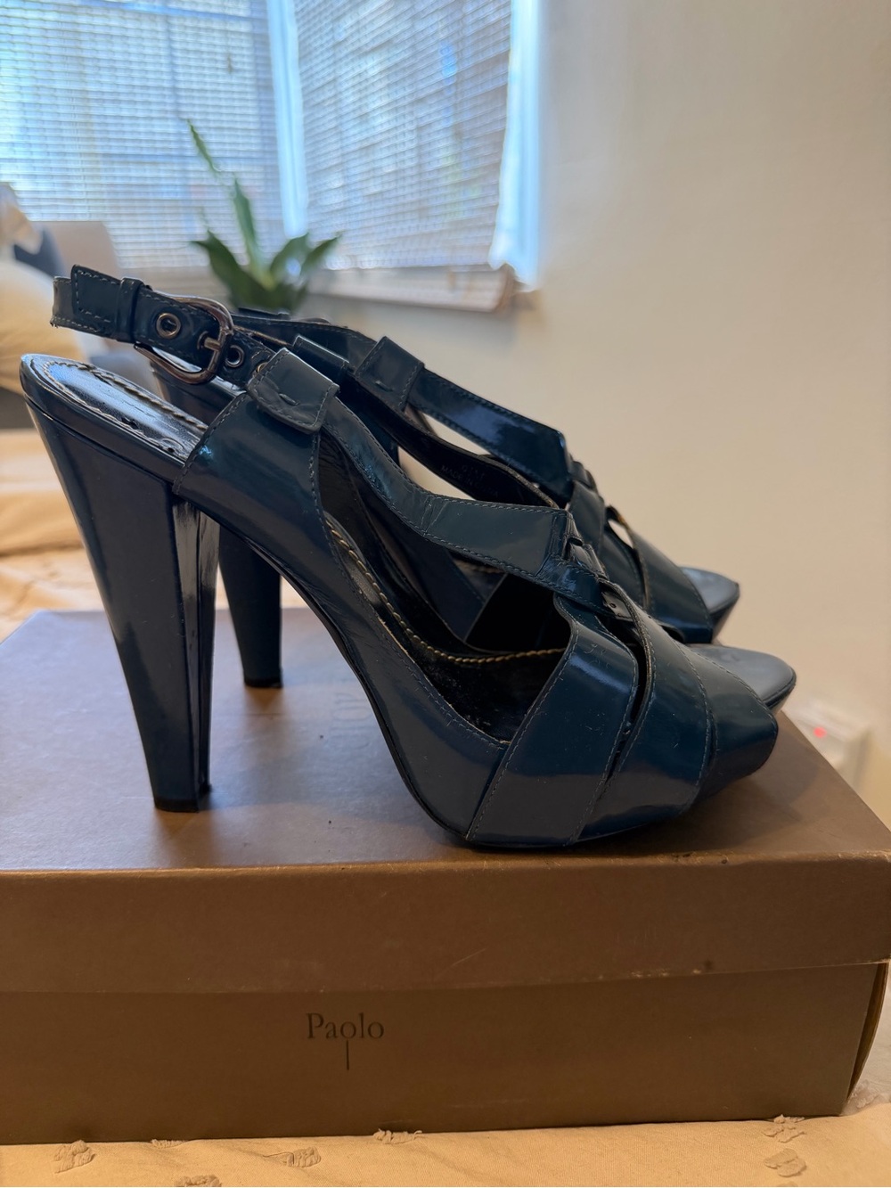 Paolo Navy Patent Platform Slingback Heels